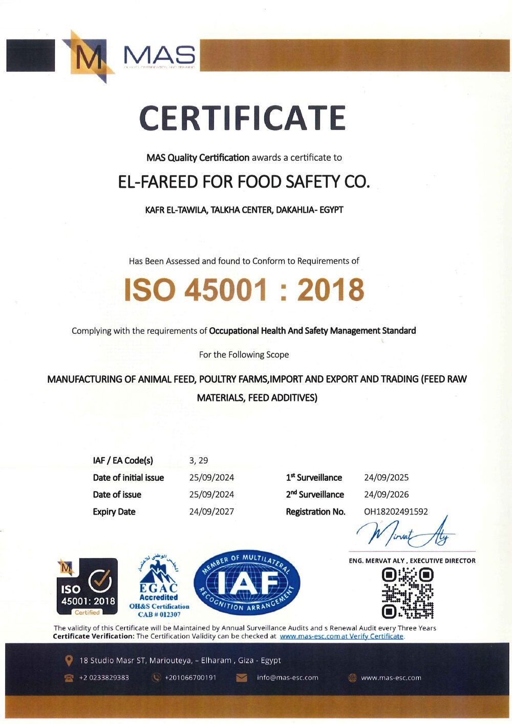 ISO 45001:2018 Certificate — El Fareed for Food Safety